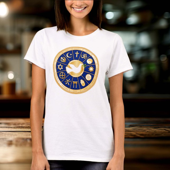 Anpassa din Dove av Peace T-skift T Shirt (Dove of Peace T Shirt
Gold icons of world faiths surround the Dove of Peace, an international symbol)