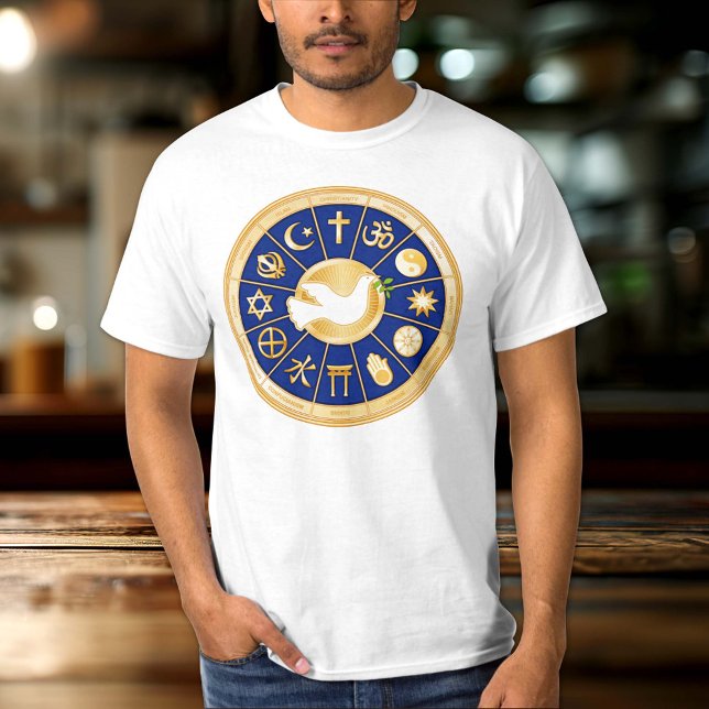 Anpassa din Dove of Peace T-shirt (Dove of Peace T Shirt.
Customize the text. Gold icons of world faiths surround the Dove of Peace. )