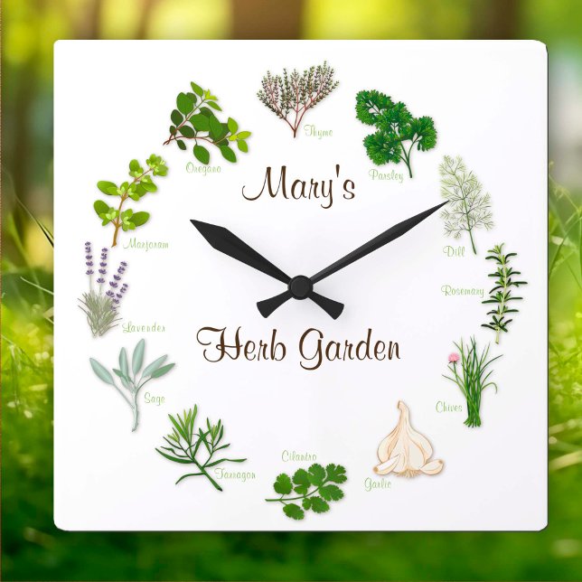 Anpassa din Herb Garden Clock Fyrkantig Klocka (Custom Herb Garden Clock
Check your Thyme! Personalize with your custom text. )
