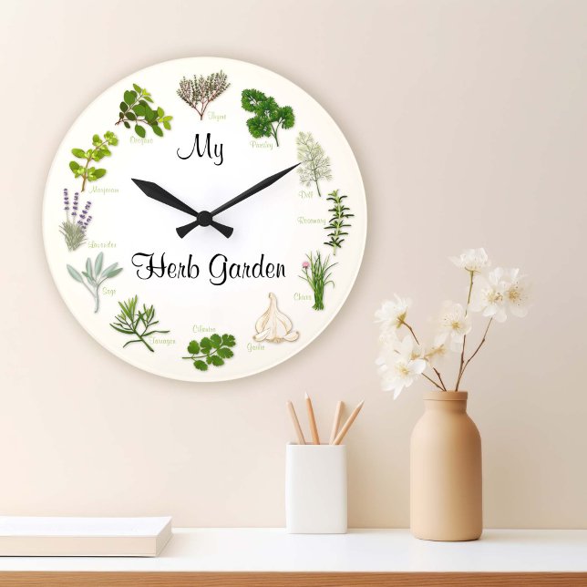 Anpassa din Herb Garden Round Clock Stor Klocka (Customize Your Herb Garden Clock. Thyme for Herb Gardens! )