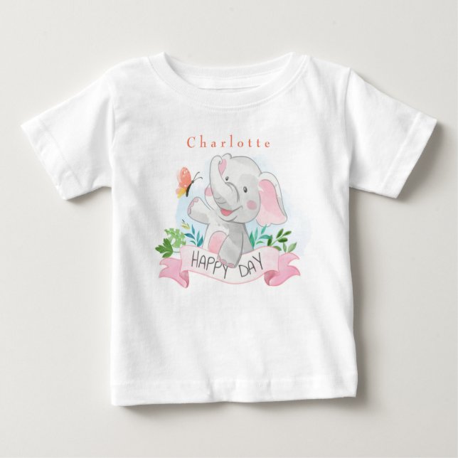 Anpassa Elefant leker utomhus med fjäril  T Shirt (Framsida)