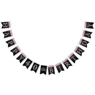 Anpassa födelsedag - Rosa Glitter & Black Damask Vimplar