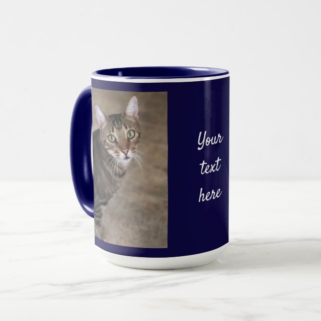 Anpassa FOTO och TEXT Navy Blå Kaffe Gåva Stor Mugg (Framsida vänster)