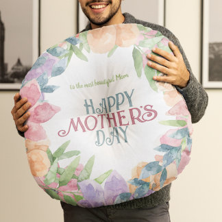 Anpassa fyra blommor vattenfärg Mors dag Rund Kudde