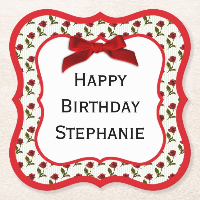 Anpassa: Grattis på födelsedagen Röd ros Mönster Underlägg Papper (Framsida)
