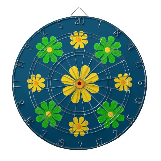 Anpassa, grönt gula blommor på mörk blått darttavla (Framsidan)
