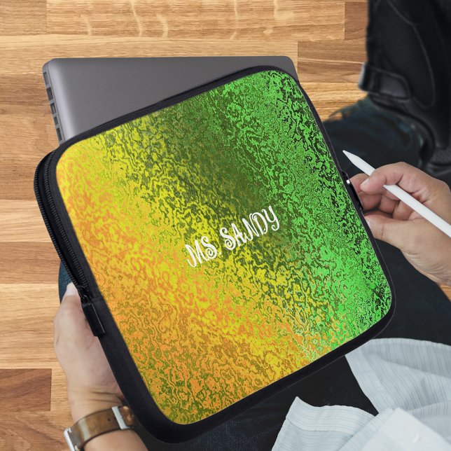 Anpassa Grönt och Gult i Namn Shiny-skuggor Laptop Fodral (Personalize Name Shiny Shades of Green & Yellow Laptop Sleeve)