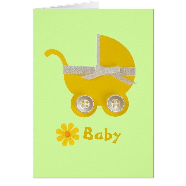 Anpassa, gult barnvagn och vit båge hälsningskort (Framsidan)