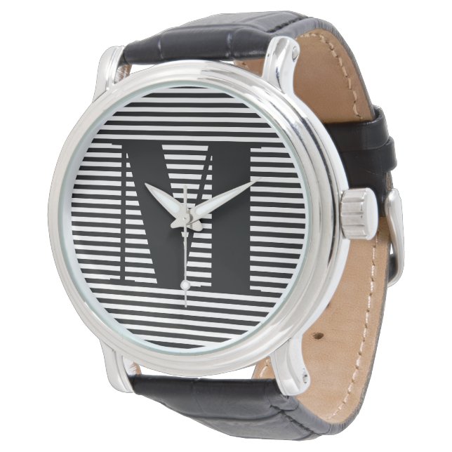 Anpassa inledande svartvit rand i monogram armbandsur (Vinklad)