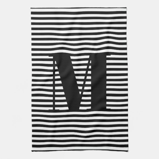 Anpassa inledande svartvit rand i monogram kökshandduk (Vertikal)