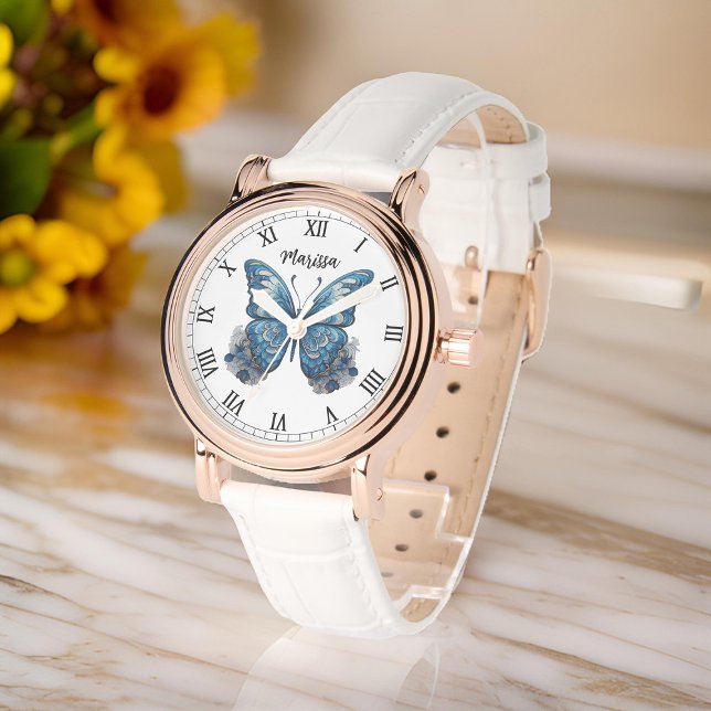 Anpassa kvinnor i Eleganten Namn Blue Butterfly Wo Armbandsur (Womens' watch feature an adorable blue tones butterfly illustration, with space to add name)