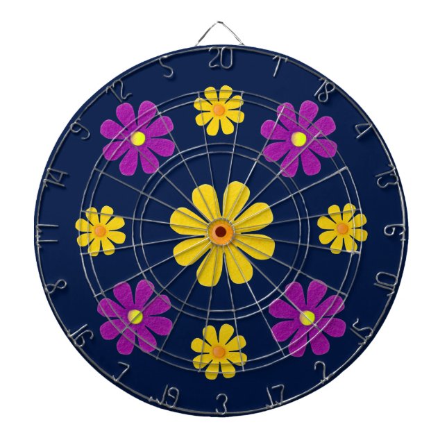 Anpassa, lila gula blommor på mörk blått darttavla (Framsidan)