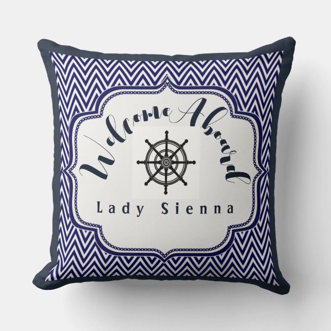 Anpassa marinblått och vitt med Frakt Wheel Kudde (Framsida)