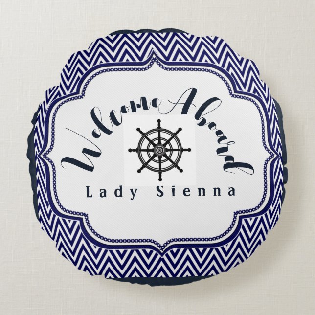 Anpassa marinblått och vitt med Frakt Wheel Rund Kudde (Framsidan)