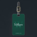 Anpassa Marskalkarnas namn och Monogram Bagagebricka<br><div class="desc">Lägg till en personlig beröring till bröllop med personlig marskalkars bagagemärke. Den här bagagetaggen har personlig Groomsmans namn i det vita klassiska skriptet stil med uppgifter om bröllop i det vita klassiska serif font stil och monogram i light emerald grönt Classic serif font stil som bakgrund, på bakgrundssidan av den...</div>