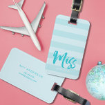 Anpassa med Namn Miss Preppy Blue Rand Bagagebricka<br><div class="desc">Resa i stil med den här personligen bagagetaggen som innehåller "Miss" från ord i blått penselskript mot en lumpblå bakgrund från rand mönster. Anpassa den här märkrn genom att ersätta platshållartexten med din information och för fler alternativ, t.ex. att ändra teckensnittet, och det är storlekt att klicka på knappen "Anpassa...</div>