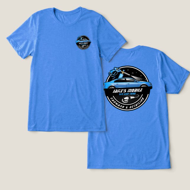 Anpassa Mobile Car Tvätta Detailing Blue Business T Shirt (Design fram och bak)