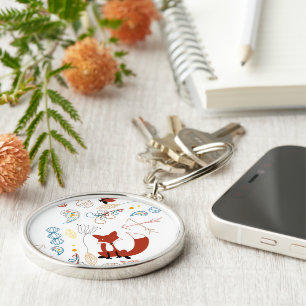 Anpassa Modern Fox Woodland Mönster Rund Silverfärgad Nyckelring