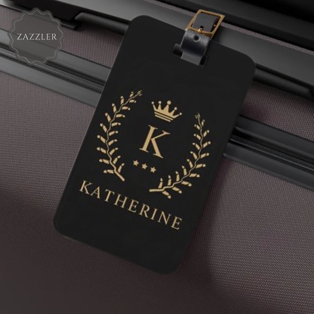 Anpassa Monogram för Svartvit Guld i Namn & initia Bagagebricka (Customize Name & Initial Black White Gold Monogram Luggage Tag)