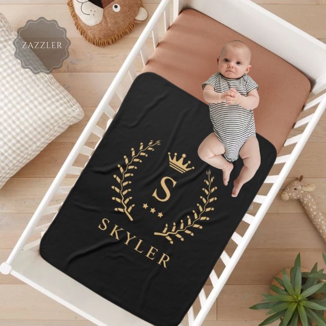 Anpassa Monogram för Svartvit Guld i Namn & initia Fleecefilt (Customize Name & Initial Black White Gold Monogram Fleece Blanket)
