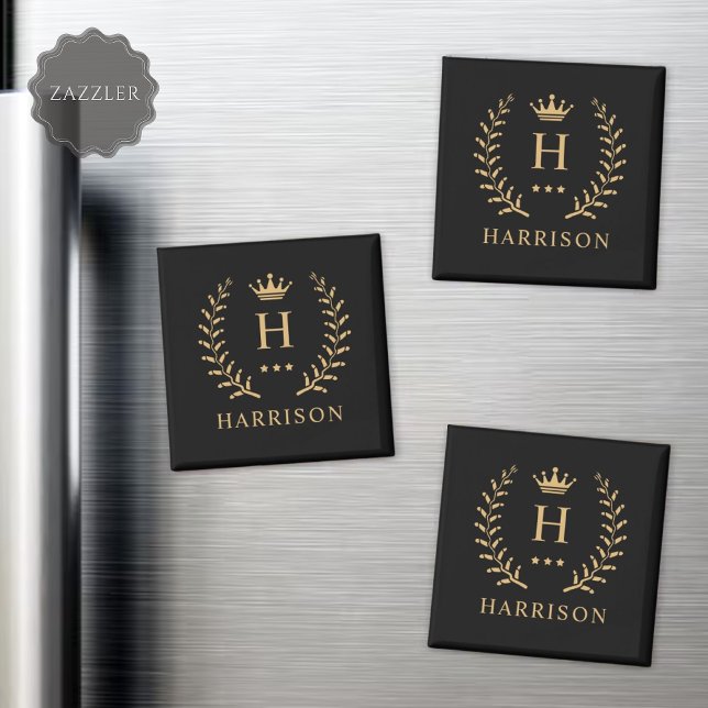 Anpassa Monogram för Svartvit Guld i Namn & initia Magnet (Customize Name & Initial Black White Gold Monogram Magnet)