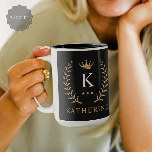 Anpassa Monogram för Svartvit Guld i Namn & initia Mugg (Customize Name & Initial Black White Gold Monogram Mug)