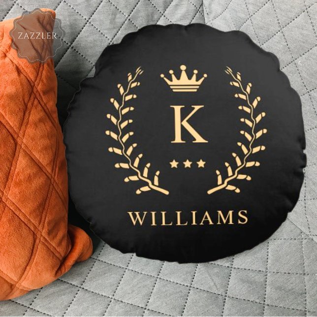 Anpassa Monogram för Svartvit Guld i Namn & initia Rund Kudde (Customize Name & Initial Black White Gold Monogram Round Pillow)