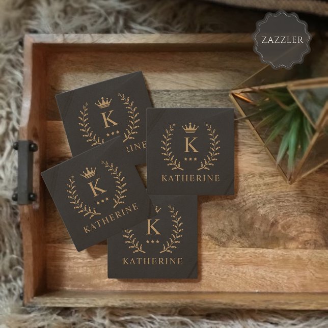 Anpassa Monogram för Svartvit Guld i Namn & initia Stenunderlägg (Customize Name & Initial Black White Gold Monogram Stone Coaster)