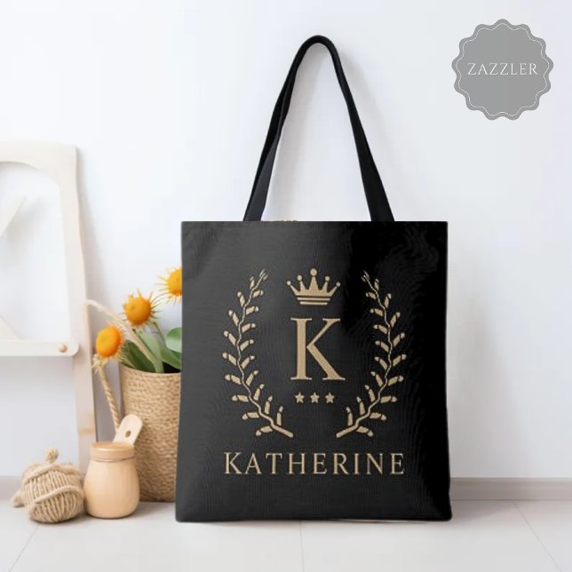 Anpassa Monogram för Svartvit Guld i Namn & initia Tygkasse (Customize Name & Initial Black White Gold Monogram Tote Bag)