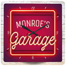Anpassa NAMN Faux Neon-skyltgaraget Hot rod Fyrkantig Klocka