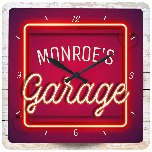 Anpassa NAMN Faux Neon-skyltgaraget Hot rod Fyrkantig Klocka (Skapare uppladdad)