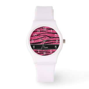 Anpassa namn-fuchsia rosa glitter zebra rand armbandsur
