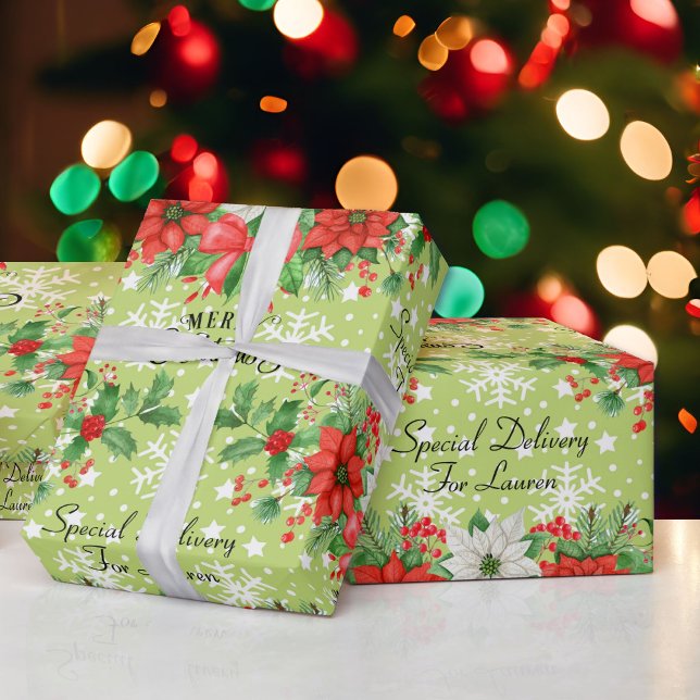 Anpassa Namn jul Poinsettia Snöflingor Presentpapper (Skapare uppladdad)