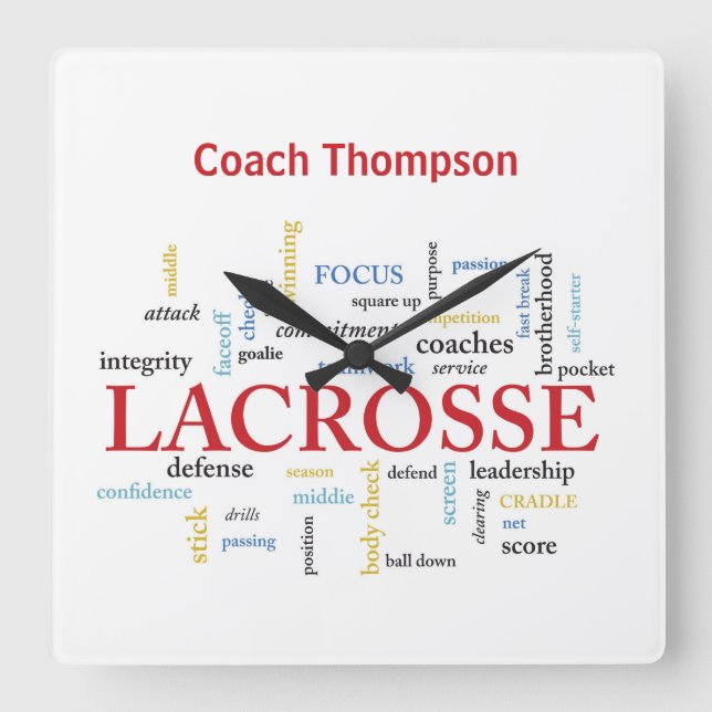 Anpassa Namn Lacrosse Coach tack Ord Fyrkantig Klocka (Framsida)