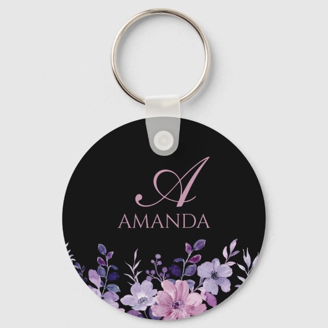 Anpassa Namn Lila Flower Black Nyckelring (Framsida)