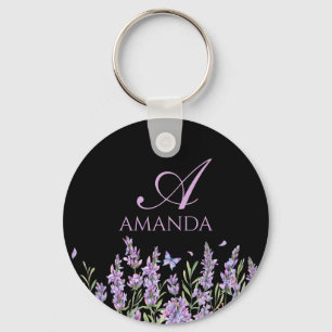 Anpassa Namn Lila Lavender Flower Black Nyckelring
