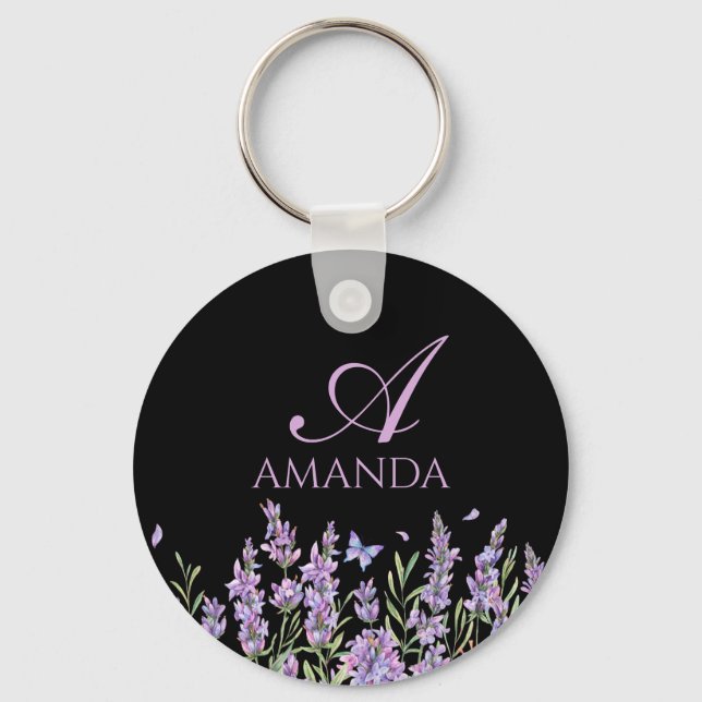 Anpassa Namn Lila Lavender Flower Black Nyckelring (Framsida)