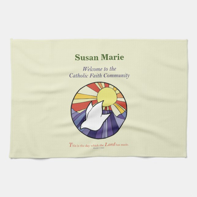 Anpassa Namn, RCIA Dove Circle på Gult Kökshandduk (Horisontell)