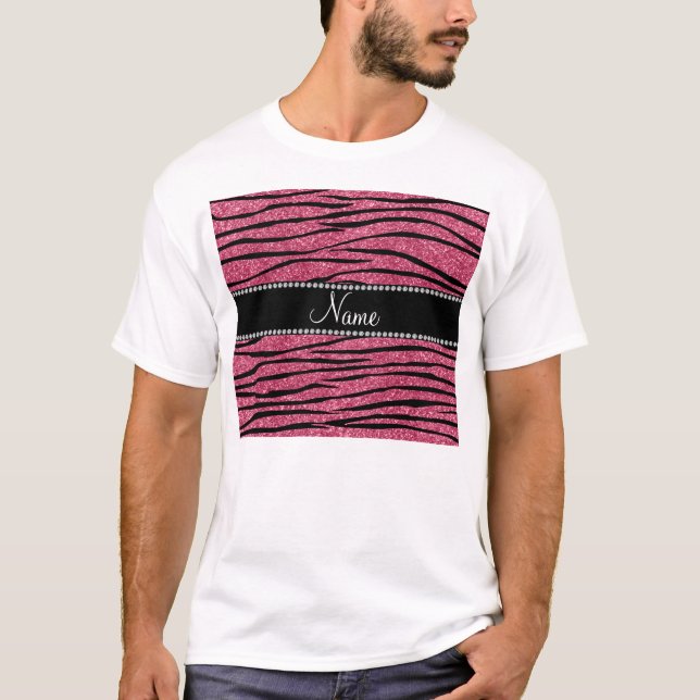 Anpassa namn rosa glitter zebra ränder t shirt (Framsida)