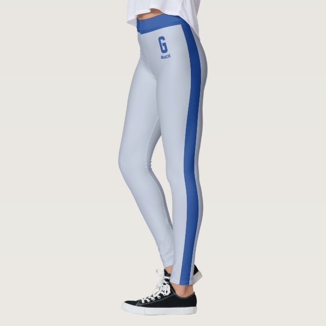 Anpassa namn Royal Pudderblå Ränder Monogram Leggings (Vänster)