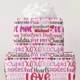 Anpassa Namn Valentines day Red Rosa Hearts Presentpapper