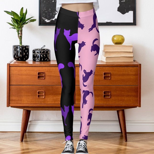 Anpassa Photo Pet Cat Mönster Lila Rosa Black Leggings (Skapare uppladdad)
