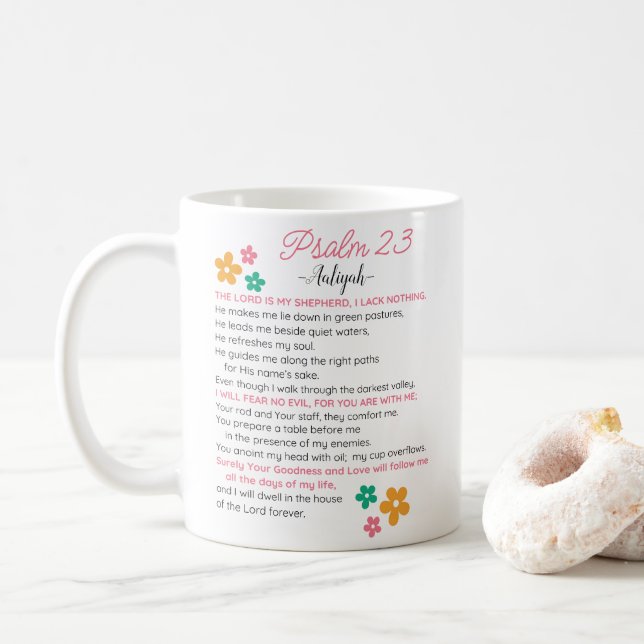 Anpassa Psalm 23-NIV Bibelskriptblommor Kaffemugg (Med munk)