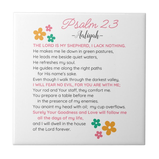Anpassa Psalm 23-NIV Bibelskriptblommor Kakelplatta (Framsidan)