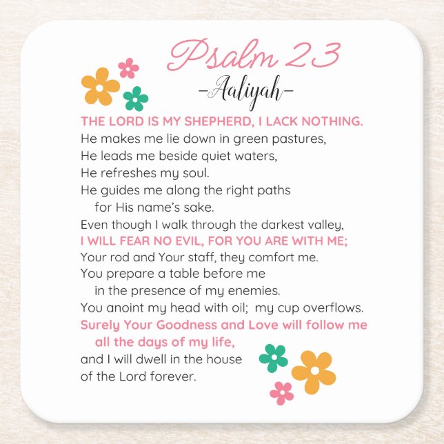 Anpassa Psalm 23-NIV Bibelskriptblommor Underlägg Papper Kvadrat (Framsidan)