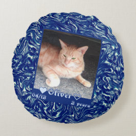 Anpassa ram-fotokkattsällskapsdjur på mörk blått s rund kudde