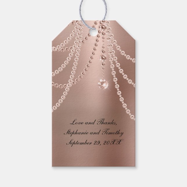 Anpassa Ro Guld Pearls Diamond Bling Bröllop Presentetikett (Framsidan)