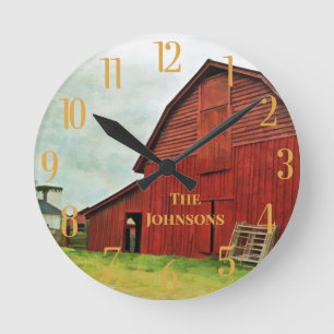 Anpassa Rustic Red Barn Scene  Rund Klocka
