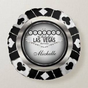 Anpassa Silver, Svarta och vita Poker Chip Rund Kudde