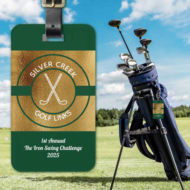 Anpassa Skapa Din Egen Golf Green Turnering Bagagebricka (Custom Golf Themed ID Tag for Golfers. Classic gold, green and white. Tournaments, clients, promos)